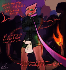 anthro balls big_balls big_balls_small_penis collar comfort disproportionate_genitalia empowering erection fur genitals group humiliation leash leashed_collar male male/male party penis restraints shy small_penis solo_focus standing straitjacket text exophile nintendo pokemon helios_(drumiel7) charmeleon generation_1_pokemon lizard pokemon_(species) reptile scalie english_text hi_res