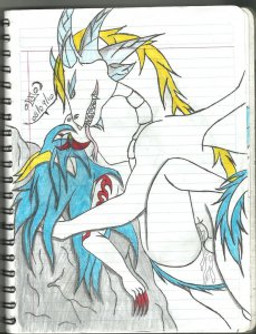 anal anthro anthro_on_feral belly_scales bestiality blonde_hair blue_eyebrows blue_hair blue_horns colored_pencil_(art) couple cum dialog dragon facial_hair facial_markings female feral forked_tongue fur goatee hair horn interspecies kissing legs_back long_tongue looking_down looking_up low_res lying male markings missionary_position on_back on_rock penetration red_markings rock sex sharp_teeth sketchbook straight tail_tuft teeth text thick_tail tongue traditional_media tuft wings yellow_horns
Rating: Explicit
Score: -1
User: melody_rose
Date: March 06, 2012