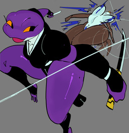3_toes 4_fingers anthro armwear big_breasts black_armwear black_clothing black_legwear black_topwear blade breasts brown_body brown_skin brown_tail clothing countershade_torso countershading duo feet female female/female fight fingers glint glistening glistening_thighs grey_background holding_knife holding_melee_weapon holding_object holding_sword holding_weapon knife legwear melee_weapon mole_under_eye non-mammal_breasts open_mouth orange_sclera purple_body purple_skin simple_background sword tail thick_thighs toes topwear torn_clothing weapon wide_hips mooncheese kama_(mooncheese) amphibian frog 2026 absurd_res digital_drawing_(artwork) digital_media_(artwork) hi_res