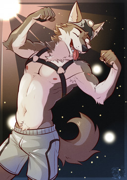 5_fingers anthro armpit_hair athletic athletic_male bodily_fluids body_hair bottomwear clothed clothing dancing fangs fingers fur grey_body grey_fur harness hat headgear headwear humanoid_hands leather leather_harness male navel nipples piercing saliva scar shorts solo teeth tongue tongue_out topless topless_anthro topless_male ventkazemaru epic_games fortnite wendell_(fortnite) canid canine canis mammal wolf hi_res