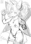 2019 5_fingers anthro armor blush breasts canid canine female fingers greyscale hair kemono kiichi long_hair mammal medium_breasts monochrome navel simple_background sketch snout solo standing unconvincing_armor white_background