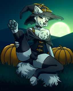 anthro black_choker black_claws black_clothing black_jewelry black_legwear black_necklace black_panties black_stockings black_topwear black_underwear blue_eyes blush bulge choker claws clothed clothing detailed_bulge eyelashes fluffy fluffy_tail food fruit fur grass grey_pawpads hat headgear headwear jewelry legwear looking_at_viewer male moon necklace night off_shoulder on_ground one_leg_up outside panties pawpads plant pumpkin raised_leg sitting smile smiling_at_viewer smug solo stockings tail topwear underwear white_body white_fur witch_hat konejo arctic_fox canid canine fox mammal true_fox 2024 colored digital_drawing_(artwork) digital_media_(artwork) hi_res shaded