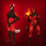 anthro bulge clothing fire male powers slightly_chubby solo suit superhero tight_clothing olivepup_00 olive_(olivepup_00) canid canine canis mammal wolf 1:1 hi_res