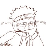 accessory clothing eyewear goggles hair headband human_only looking_at_another looking_at_viewer male not_furry short_hair simple_background solo text thinking thinking_face thinking_pose topwear vest white_background chubides naruto obito_uchiha human mammal artist_name comic crossover low_res monochrome signature sketch