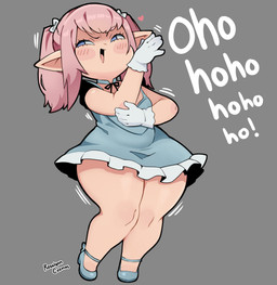 biped blue_clothing blush clothed clothing dress female footwear gloves hair handwear humanoid_pointy_ears laugh not_furry pink_hair pointy_ears shoes shortstack simple_background solo text thick_thighs rosalynn_cosmos final_fantasy final_fantasy_xiv square_enix lalafell hi_res