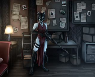 accessory anthro asian_clothing black_body black_fur blue_eyes butt chinese_clothing chinese_dress clothed clothing conspiracy crossdressing damask_pattern detailed_background dragunov_svd dress east_asian_clothing femboy floor fluffy fur furniture garter gun hair holding_gun holding_object holding_ranged_weapon holding_weapon honey_trap inside lamp long_dress male ranged_weapon red_clothing red_dress rifle sniper_rifle sofa solo standing svd wallpaper_(decoration) weapon white_body wide_hips wood wood_floor sinniethecat jsc_kalashnikov_concern sinnie domestic_cat felid feline felis mammal siamese_cat absurd_res english_description full-length_portrait hi_res portrait