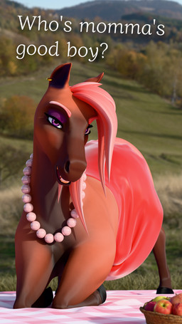 bedding bedroom_eyes blanket clothing dress ear_piercing female feral fur gem good_boy hair jewelry makeup mature_female mommy_kink narrowed_eyes necklace orange_body orange_fur pearl_(gem) pearl_necklace picnic piercing pink_hair purple_eyes red_clothing red_dress seductive solo text whorse_3d equid equine horse mammal 4k 9:16 absurd_res english_text hi_res