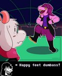 anthro blush boots clothing dancing duo female footwear humor long_ears male open_mouth pink_body sharp_teeth shoes smile teeth white_body worried seachord deltarune undertale_(series) ralsei susie_(deltarune) bovid caprine goat mammal reptile scalie animated hi_res short_playtime