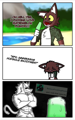 anthro beach bodily_fluids clothing dialogue erection erection_under_clothing food fur male male_focus maroon_fur melting_ice_cream multicolored_body multicolored_fur muscular muscular_male popsicle popsicle_in_mouth profanity suggestive sweat sweatdrop swimming_trunks swimwear two_tone_body two_tone_fur justniku epic_games fortnite god_i_wish_that_were_me mythology cerberus_(fortnite) niku_(justniku) canid canid_demon canine demon domestic_cat felid feline felis hellhound mammal mythological_canine mythological_creature absurd_res animated animated_comic comic hi_res no_sound short_playtime video