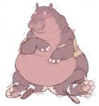 ambiguous_form ambiguous_gender belly big_belly blush clothed clothing embarrassed hand_on_belly mostly_nude obese obese_ambiguous open_mouth overweight overweight_ambiguous simple_background solo teeth torn_clothing transformation weight_gain whiskers white_background worried berlin common_hippopotamus hippopotamid mammal