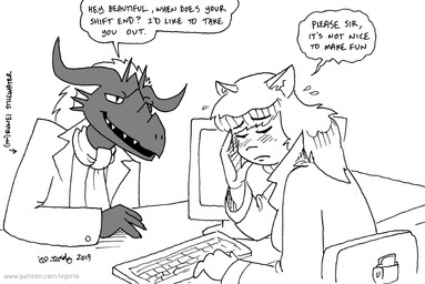 anthro blush computer dialogue duo electronics eyes_closed fur hair male text tegerio mythology arleen_dundee runei_worth domestic_cat dragon felid feline felis mammal mythological_creature mythological_scalie scalie 2019 english_text monochrome