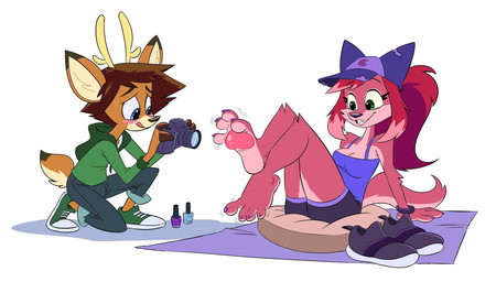 4_toes anthro barefoot baseball_cap blush camera claws clothing colored_nails colored_toenails countershade_feet countershading curling_toes duo feet female foot_fetish foot_focus fur green_eyes hat headgear headwear male nails pawpads pink_body pink_fur pink_pawpads plantigrade predator/prey soles spread_toes taking_picture toenails toes tongue tongue_out hotbrotkuroi basil_(hotbrotkuroi) ginger_(hotbrotkuroi) canid canine canis deer mammal wolf