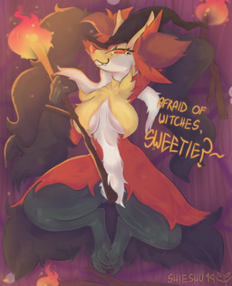 anthro big_breasts black_body breast_curtains breasts candle clothing feet_together_knees_apart female fur fur_covering_genitals fur_covering_nipples hat headgear headwear inner_ear_fluff looking_at_viewer lying magic_user multicolored_body no_pawpads on_back orange_eyes orange_nose paws pokemorph red_body red_fur ritual smile smiling_at_viewer solo spread_legs spreading stick thick_thighs tuft white_body white_fur wide_hips witch witch_hat yellow_body yellow_fur shieshuqqq nintendo pokemon canid canine fox generation_9_pokemon mammal mega_delphox mega_evolution pokemon_(species) hi_res