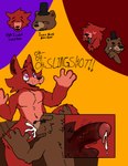 anthro bodily_fluids cum duo genital_fluids genitals male male/male penis text nasthane five_nights_at_freddy's scottgames foxy_(fnaf) freddy_(fnaf) bear canid canine fox mammal digital_media_(artwork) english_text hi_res