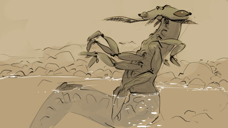 ambiguous_gender bathing feral partially_submerged rock side_view simple_background sitting solo water meandraco alien arthropod 16:9 hi_res sketch widescreen