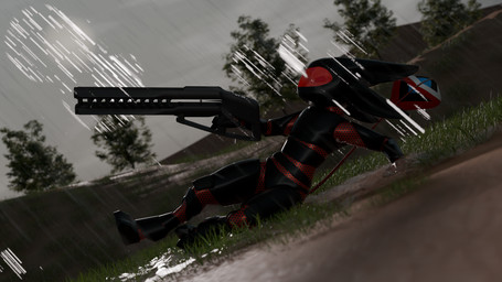 3_fingers 4_ears armor dirt exoskeleton exosuit female fingers grass gun headgear helmet multi_ear pebble plant pulse_rifle raining ranged_weapon sliding solo storm tree visor water weapon the_architect_of_order the_founder avali absurd_res hi_res huge_filesize