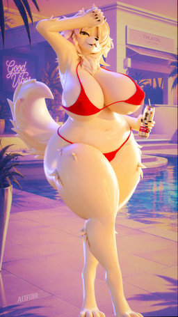 anthro beverage big_breasts bikini breasts butt clothing coffee female fluffy fluffy_tail fur hair huge_breasts long_hair poolside smile solo swimming_pool swimwear tail thick_thighs two-piece_swimsuit yellow_body altfurr miauhau3d_(modeler) pers0nmag_(rigger) grand_theft_auto_vi gta_vi_cover_girl luna_(brilliantstar48) bird_dog canid canine canis domestic_dog golden_retriever humanoid hunting_dog mammal retriever 2026 3d_(artwork) 4k 9:16 absurd_res digital_media_(artwork) hi_res