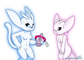 3_fingers antennae_(anatomy) anthro black_sclera blue_nose blush bodily_fluids bow_ribbon breasts duo eyelashes featureless_breasts featureless_crotch female fingers gift gift_tag glowing hand_on_hip looking_at_another lube_bottle navel one_eye_closed pink_nose pointy_ears pupils simple_background small_breasts smile sweat sweatdrop tail white_background white_body white_pupils wink whitecrocus microsoft ori_(series) xbox_game_studios flo_(whitecrocus) ori_(ori) guardian_spirit 2026 digital_media_(artwork) hi_res signature