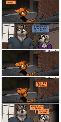 anthro dialogue female group male text trio james_howard patreon alphonse_(james_howard) jill_(james_howard) richard_(james_howard) canid canine canis domestic_cat domestic_dog felid feline felis mammal wolf absurd_res comic english_text hi_res url