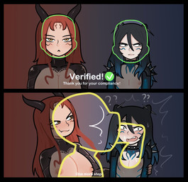 2_panel_comic annoyed areola black_body black_hair black_scales blue_highlights blush collar curved_horn fangs female femboy hair half-closed_eyes highlights_(coloring) horn humor long_hair narrowed_eyes nervous nipples open_mouth orange_hair pink_areola pink_nipples scales smile smirk smug smug_face studded_collar studs teeth text red7cat futa_fucks_femboys horny_capybara_studios leia_(futa_fucks_femboys) rene_(futa_fucks_femboys) alien alien_humanoid animal_humanoid cat_humanoid demon demon_humanoid felid felid_humanoid feline feline_humanoid humanoid mammal mammal_humanoid comic english_text gynomorph_(lore)