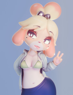 4_fingers anthro blonde_hair blue_background blue_bottomwear blue_clothing blue_hoodie blue_skirt blue_topwear blush blush_stickers bottomwear bra breasts brown_eyes brown_eyeshadow clothed clothing female fingers front_view gesture green_bra green_clothing green_underwear hair hand_gesture handpads hood hood_down hoodie medium_breasts navel open_clothing open_hoodie open_mouth open_topwear pawpads pink_pawpads pupils shortstack simple_background skirt solo tied_hair tongue tongue_out topwear underwear v_sign white_pupils wide_hips rosoero zy0n7_(modeler) animal_crossing nintendo isabelle_(animal_crossing) canid canine canis domestic_dog mammal shih_tzu toy_dog 2025 3d_(artwork) absurd_res digital_media_(artwork) hi_res