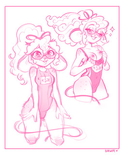 anthro blush breasts clothed clothing curly_hair eyewear female flashing flashing_breasts freckles fur glasses hair nipples ponytail smile solo swimwear tail wide_hips boxwife minette_(boxwife) mammal murid murine rat rodent absurd_res digital_media_(artwork) hi_res monochrome pink_and_white