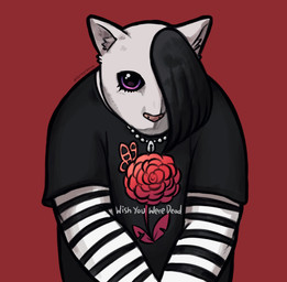 accessory ambiguous_gender anthro black_hair clothing eyelashes flower hair jewelry plant purple_eyes red_background shirt simple_background solo stripes text text_on_clothing text_on_topwear topwear dynogreeno domestic_cat felid feline felis mammal english_text hi_res