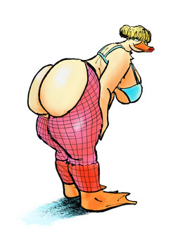 anthro bent_over big_butt bikini bikini_top blonde_hair breasts butt clothing female fishnet_clothing fishnet_legwear hair legwear lingerie lipstick looking_back makeup mature_female presenting presenting_hindquarters side_boob simple_background slightly_chubby solo swimwear thick_thighs two-piece_swimsuit white_background wide_hips pokuyuno239 anatid anseriform avian bird duck absurd_res digital_media_(artwork) hi_res