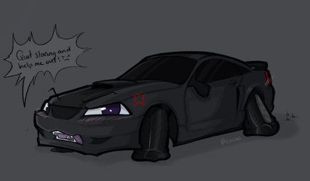 angry blush blush_lines car dialogue flat_tire looking_at_viewer machine male not_furry open_mouth purple_eyes simple_background solo speech_bubble text vehicle civicidal ford ford_mustang ford_mustang_gt dire_car dire_machine dire_vehicle living_car living_machine living_vehicle digital_media_(artwork) english_text hi_res