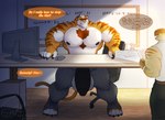 body_hair boss chest_hair clothed clothing detailed_background dialogue electronics machine male milking_machine monitor muscular office role_reversal size_difference small_dom_big_sub entitropy assistant oscar_pandesal_(entitropy) felid feline mammal pantherine tiger absurd_res hi_res signature