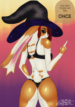 anthro big_butt big_hat butt clothing female fur hair hat headgear headwear looking_at_viewer orange_body orange_fur piercing red_hair scut_tail short_tail solo speech_bubble swimwear tail white_body white_fur witch_hat theblueorc bunlith_(b0tster) lagomorph leporid mammal rabbit absurd_res hi_res trans_(lore) trans_woman_(lore)