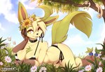 anthro barefoot big_breasts bikini bikini_top biped blep blue_sky breasts chest_tuft cleavage clothed clothing cloud conditional_dnp cutiefly day detailed_background eeveelution eyes_closed feet female flower generation_1_pokemon generation_4_pokemon generation_7_pokemon gloves_(marking) group leafeon leg_markings lying markings metapod nintendo oddish outside persian_(pokemon) plant plantigrade pokemon pokemon_(species) quadruped sky socks_(marking) solo_focus summer swimwear teranen thick_thighs toes tongue tongue_out tree tuft