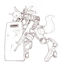 anthro armor female jet_pack machine power_armor ranged_weapon shield simple_background solo weapon white_background basketgardevoir gnoll hyena mammal hi_res monochrome sketch