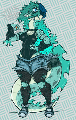 anthro beanie big_tail blue_body blue_eyes blue_fin blue_fins blue_hair blue_sclera breasts cigarette clothed clothing female footwear hair hat headgear headwear leggings legwear leotard medium_breasts navel non-mammal_breasts non-mammal_navel piercing scales shoes shoes_on simple_background smoke smoking solo tail thick_tail thick_thighs torn_clothing torn_leggings torn_legwear ventral_scales mik3hawk ness_(mik3hawk) aquatic plesiosaur prehistoric_species reptile scalie colored shaded simple_shading