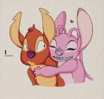 4_fingers alien angel_(lilo_and_stitch) antennae_(anatomy) awkward blush chest_tuft claws countershading digital_drawing_(artwork) digital_media_(artwork) disney duo ears_up ellipsis embrace exclamation_point experiment_(lilo_and_stitch) experiment_627 fangs fingers fur head_tuft heart_symbol hug lilo_and_stitch looking_aside looking_at_another narrowed_eyes notched_ear open_mouth open_smile pink_body pink_fur purple_eyes purple_nose purple_tongue red_body red_fur simple_background smile solosandwich squint surprise tan_body tan_countershading teeth textured_background tongue tuft