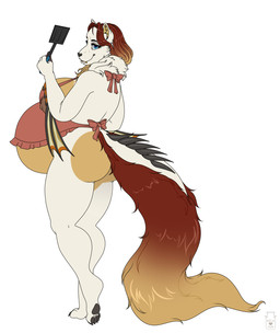 anthro apron belly big_belly big_breasts black_nose blue_eyes breasts brown_nipples brown_tail butt clothing eyelashes female female_anthro fur glistening glistening_eyes hair nipple_slip nipples pregnant pregnant_anthro pregnant_female side_view simple_background solo standing tail tan_body tan_fur tan_hair tan_tail white_background white_body white_fur milk-jug capcom monster_hunter barioth flying_wyvern hi_res