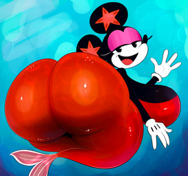 alternate_species anthro big_breasts big_butt big_ears black_body black_eyes black_fur black_nose breasts butt cleavage clothed clothing countershading female fur huge_breasts huge_butt mermaid_tail rear_view solo split_form thick_thighs underwater water white_body white_countershading white_skin ota_(artist) disney minnie_mouse asterozoan echinoderm mammal marine merfolk mouse murid murine rodent starfish hi_res