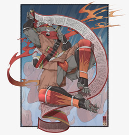 asian_clothing chaps clothing east_asian_clothing fundoshi japanese_clothing male melee_weapon ninja open_crotch red_clothing red_fundoshi red_underwear scroll solo sword underwear warrior weapon kzy_r9877 lifewonders tokyo_afterschool_summoners tadatomo_(tas) canid canine canis domestic_dog mammal hi_res