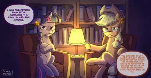 angry bookshelf chair clothing cowboy_hat duo female feral freckles furniture hair hat headgear headwear horn lamp ponytail text wings pixelpub friendship_is_magic hasbro my_little_pony mythology applejack_(mlp) twilight_sparkle_(mlp) earth_pony equid equine horse mammal mythological_creature mythological_equine pony winged_unicorn english_text hi_res