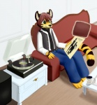 anthro barefoot biped clothed clothing container cup feet fur furniture green_eyes male music paint smile sofa solo stripes tail turntable_(record_player) jamesfoxbr fleetwood_mac rumours_(fleetwood_mac) saba felid mammal pantherine tiger 2013 digital_media_(artwork) hi_res shaded