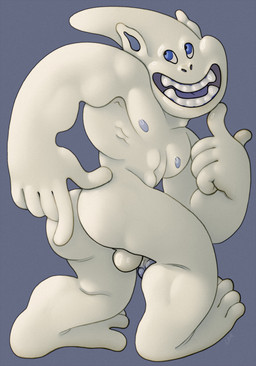 abs blue_glans blue_nipples butt cheeky flaccid genitals glans male mascot muscular muscular_male nipples not_furry pecs penis presenting presenting_hindquarters silly_pose simple_background smile solo white_body white_skin ravuer billiken humanoid absurd_res hi_res