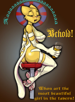 alcohol anthro bar_stool beverage big_breasts blush bodily_fluids bottomless breasts butt clothed clothing cosplay drooling drunk female furniture half-closed_eyes halo huge_breasts looking_at_viewer narrowed_eyes rear_view saliva sitting solo stool substance_intoxication text bluedraggy zokva capcom darkstalkers microsoft prequel_adventure the_elder_scrolls felicia_(darkstalkers) katia_managan felid khajiit mammal crossover english_text hi_res