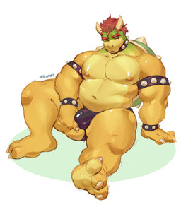 3_toes anthro balls barazoku belly blush bracelet bulge claws clothing collar detailed_bulge feet genital_outline genitals hair jewelry male moobs musclegut muscular narrowed_eyes navel nipples pecs penis_outline red_hair shell solo speedo spiked_bracelet spiked_collar spikes spread_legs spreading swimwear thick_thighs toes yellow_body snaftfc mario_bros nintendo bowser koopa scalie absurd_res hi_res