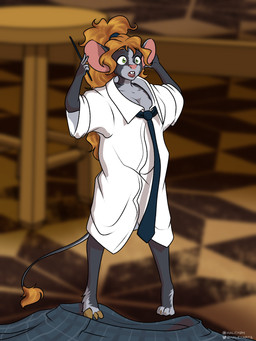 accessory anthro barefoot blurred_background breasts brown_hair clothing feet female furniture hair hand_on_ear holding_object holding_wand necktie open_mouth shirt shrinking size_transformation solo species_transformation standing stool surprised topwear transformation wand halcy0n mammal rodent 2023 3:4 hi_res