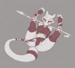 anthro armwear bdsm bondage bottomwear bound breasts bridal_gauntlets butt clothing female grey_background legwear loincloth melee_weapon navel non-mammal_breasts polearm simple_background solo spear spread_legs spreading stockings tail weapon shycryptid leska kobold scalie hi_res