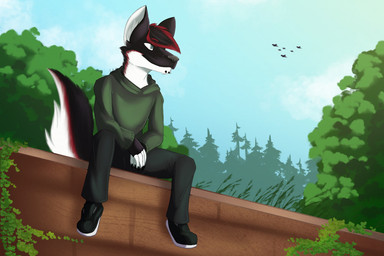 5_fingers anthro black_body black_fur black_nails bottomwear chin_piercing clothed clothing cloud colored_nails day eyebrows facial_piercing fingers footwear forest fur furgonomic_piercing furgonomics green_eyes grey_nose hair inner_ear_fluff male multicolored_body multicolored_fur multicolored_hair muzzle_piercing nails nose_piercing outside pants piercing plant red_eyebrows red_hair shirt shoes sitting solo tail topwear tree tuft wall_(structure) white_inner_ear_fluff xlightstarx ambient_bird canid canine mammal shaded
