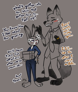 3_toes angry anthro barefoot biped black_eyebrows black_text blue_bottomwear blue_clothing blue_pants blue_shirt blue_topwear blush blush_lines bodily_fluids bottomwear box clothed clothed_anthro clothed_female clothed_male clothing collared_shirt color_coded_text container cross-popping_vein dialogue digit_ring dress_shirt duo engagement_ring eyebrows feet female finger_ring fur gold_ring grey_body grey_fur holding_box holding_container holding_object jewelry larger_male looking_at_another male male/female necktie one_eye_closed orange_text pants plantigrade pupils purple_eyes ring rubbing_butt shirt short_sleeves size_difference smaller_female snout standing stuttering suit sweat sweaty_face tapping_foot teeth text toes topwear wedding_ring soulcentinel disney zootopia judy_hopps nick_wilde canid canine fox lagomorph leporid mammal rabbit true_fox 2025 english_text restricted_palette