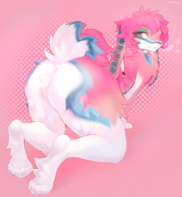 all_fours anthro bangs blue_eyes blue_markings butt crotch_tuft ear_piercing fur green_eyelids long_ears looking_back male markings paws piercing pink_background pink_body pink_fur raised_tail simple_background snout solo tail thick_thighs tuft white_body white_fur serafaithh lagomorph leporid mammal rabbit colored digital_drawing_(artwork) digital_media_(artwork) full-length_portrait hi_res portrait shaded