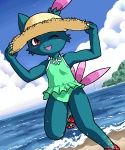 anthro bare_shoulders beach biped black_nose blue_body blue_fur blue_sky breasts claws clothed clothing cloud detailed_background female footwear frilly frilly_clothing frilly_swimwear fur green_clothing green_one-piece_swimsuit green_swimwear hat headgear headwear iris looking_at_viewer multicolored_clothing multicolored_one-piece_swimsuit multicolored_swimwear on_one_leg one-piece_swimsuit one_eye_closed open_mouth outside pokemorph pupils red_clothing red_eyes red_footwear red_sandals sand sandals sandy_fur seaside shoes shore simple_nose sky small_breasts small_nose solo standing straw_hat swimwear tan_clothing tan_hat tan_headwear two_tone_clothing two_tone_one-piece_swimsuit two_tone_swimwear water white_claws white_clothing white_one-piece_swimsuit white_swimwear wink young young_anthro young_female g-sun nintendo pokemon generation_2_pokemon pokemon_(species) sneasel 5:6