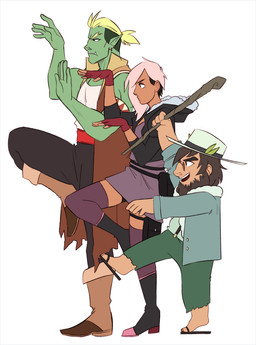 beard blonde_hair boots bottomwear clothed clothing dress facial_hair female footwear fully_clothed green_body group hair hat headgear headwear hoodie humanoid_pointy_ears leaf male muscular not_furry open_mouth pointy_ears shoes topwear trio underbite karina_farek drawfee_(copyright) drawtectives yotsubato! grendan_highforge gyorik_rogdul rose_(drawtectives) dwarf human humanoid mammal orc digital_media_(artwork) nonbinary_(lore)